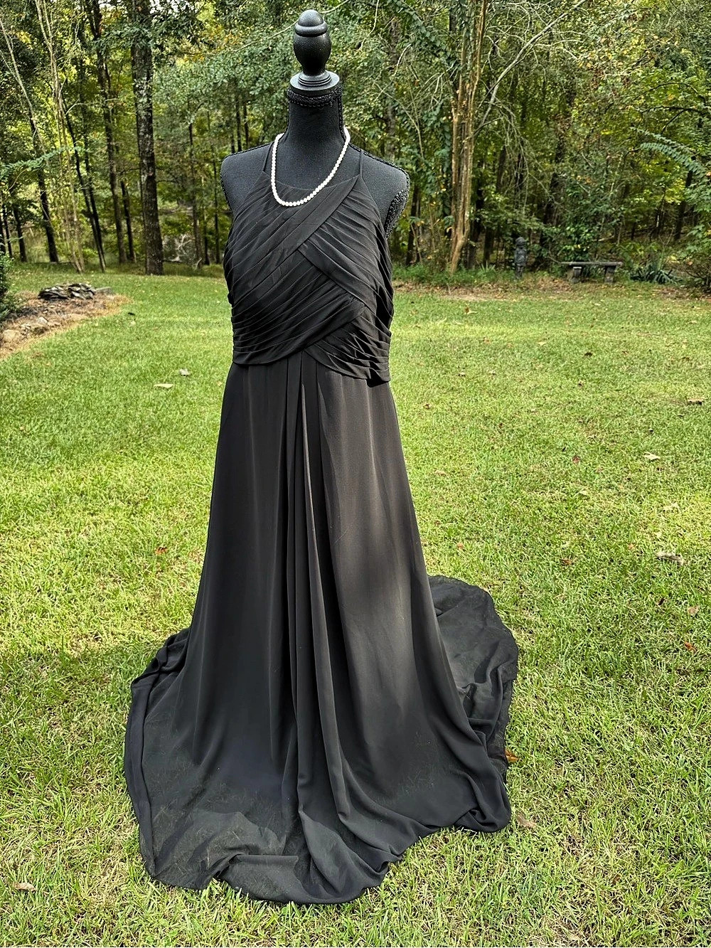 Azazie Black Chiffon Halter Pleated Criss-Cross Bodice Gown A16 - fits like 12